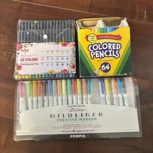 Zebra 19ct Highlighters Midliner + Crayons markers and Colored Pens Lot Bundle
